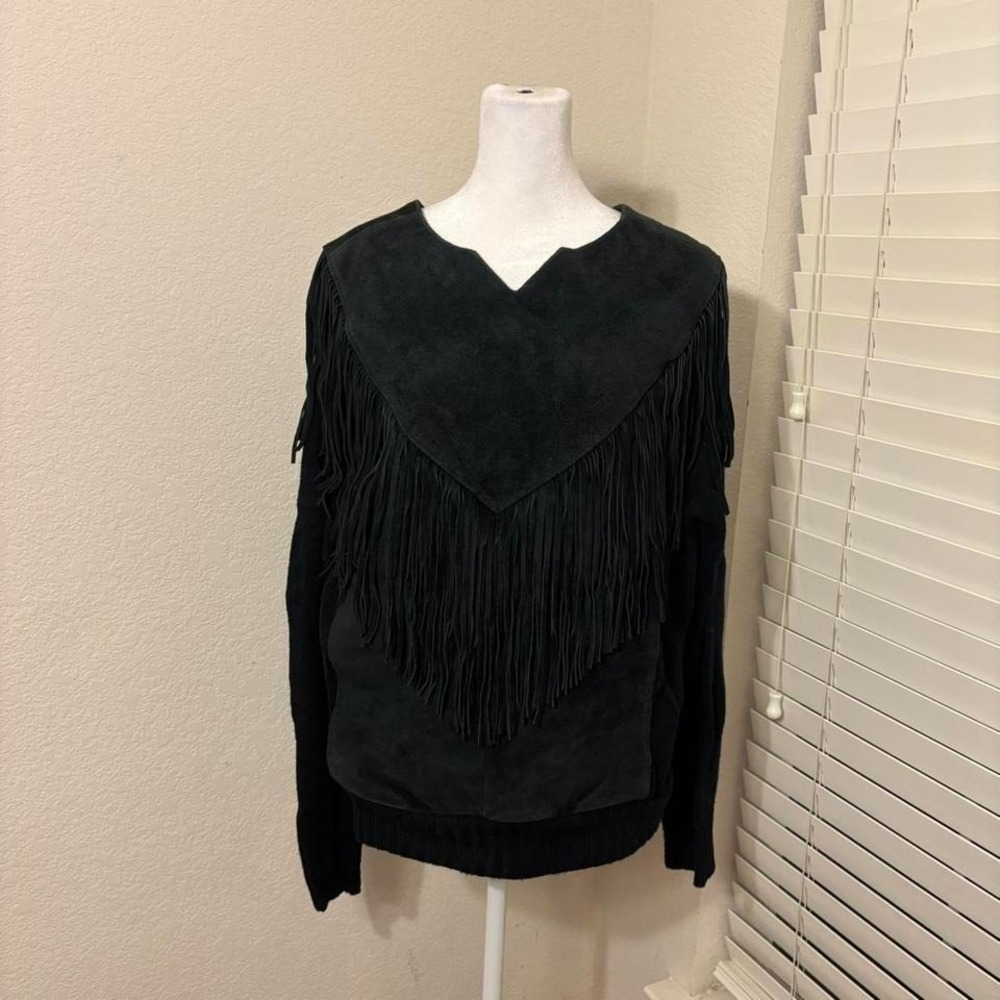 90s vtg Pioneer Wear size L black knit and leather suedeโ fringe sweater